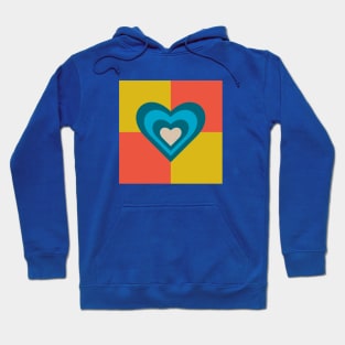 LOVE HEARTS CHECKERBOARD Retro Alt Valentines in Teal Blue Cream on Orange Yellow Geometric Grid - UnBlink Studio by Jackie Tahara Hoodie